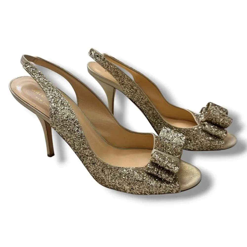 Kate Spade Charm Glitter Slingback Sandals Gold Women’s Size 10 Galm Core